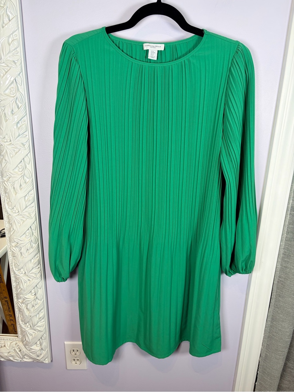 Carolina Belle Emerald Green Pleated Retro Chic Long-Sleeve Shift Dress M